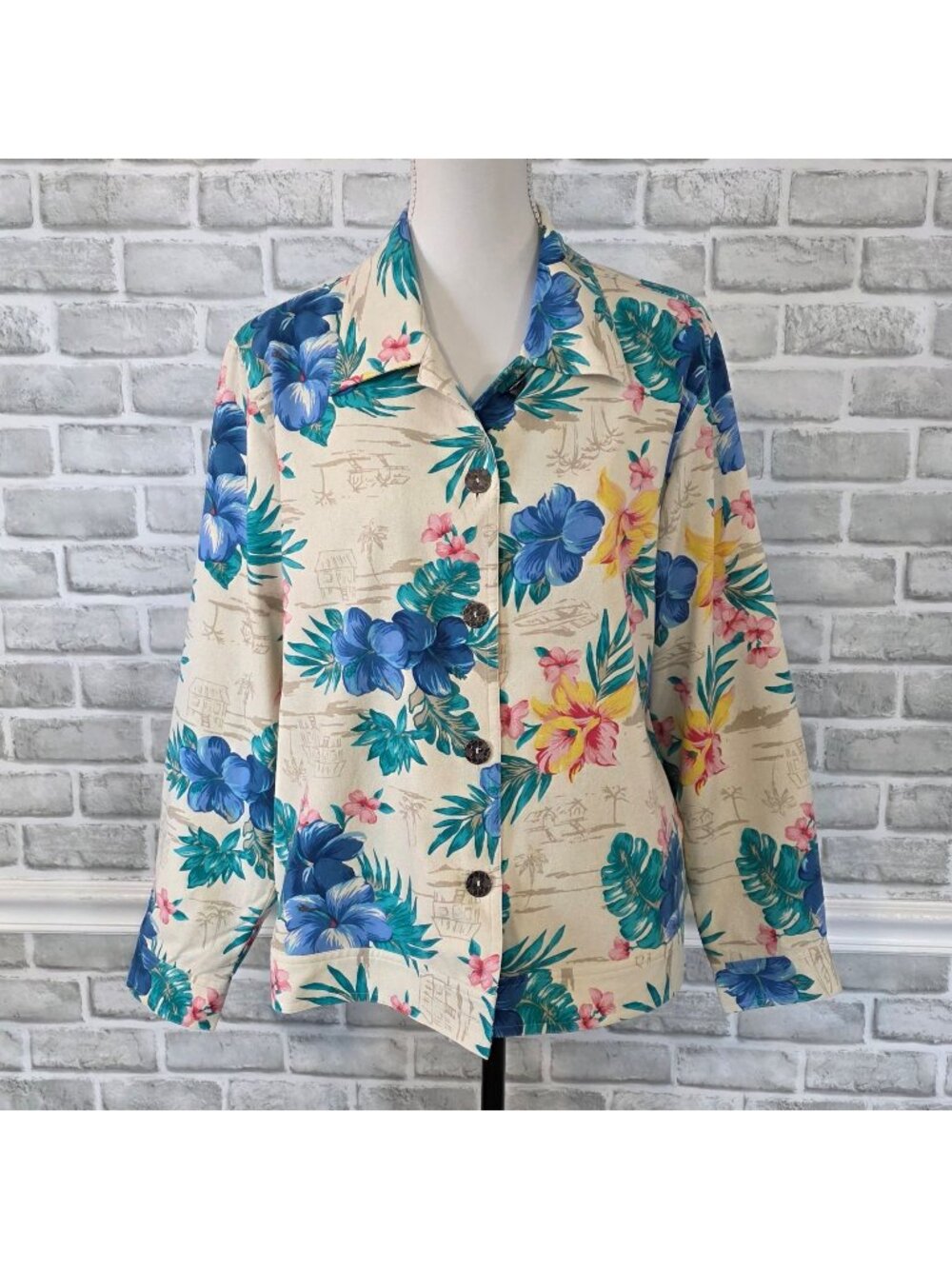 Vintage Silk Tropical Floral Button Up Shirt Jacket Large Coastal Grandmother